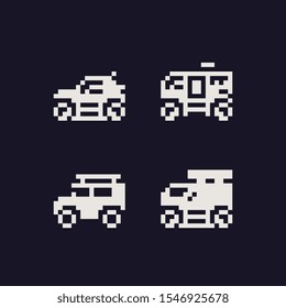 1-bit transports icons set, car, van, jeep and minibus. Pixel art style. Isolated vector illustration. Game assets 8-bit sprite. Design for stickers, web, mobile app.