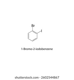 1-Bromo-2-iodobenzene skeletal structure. Halogenated benzene compound schematic illustration. Simple diagram, chemical formula.