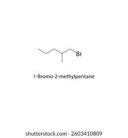 1-Bromo-2-methylpentane skeletal structure. Alkyl bromide compound schematic illustration. Simple diagram, chemical formula.