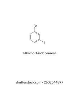 1-Bromo-3-iodobenzene skeletal structure. Halogenated benzene compound schematic illustration. Simple diagram, chemical formula.