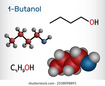 1-Butanol molecule. Structural and molecular models of Butyl alcohol. Vector illustration