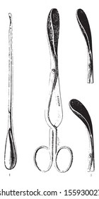 1.Button to peak and curette, 2.Forceps jaw rights, 3. Curved forceps jaws, vintage engraved illustration. Usual Medicine Dictionary by Dr Labarthe - 1885.