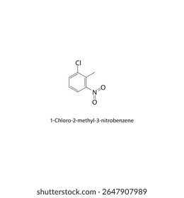 Estrutura esquelética de 1-cloro-2-metil-3-nitrobenzeno Ilustração esquemática do composto halogenado nitroaromático. Diagrama simples, fórmula química.