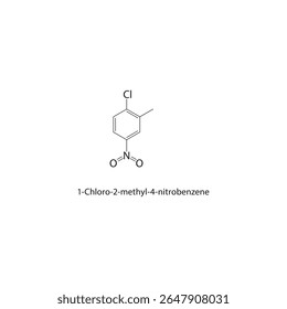 Estrutura esquelética de 1-cloro-2-metil-4-nitrobenzeno Ilustração esquemática do composto halogenado nitroaromático. Diagrama simples, fórmula química.