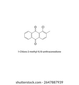 Estrutura esquelética de 1-cloro-2-metil-9,10-antracenodiona Ilustração esquemática do composto de cetona aromática. Diagrama simples, fórmula química.