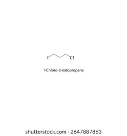 Estrutura esquelética de 1-cloro-3-iodopropano Ilustração esquemática do composto de alcano halogenado. Diagrama simples, fórmula química.