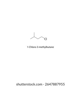 Estrutura esquelética de 1-cloro-3-metilbutano Ilustração esquemática do composto de haloalcano. Diagrama simples, fórmula química.