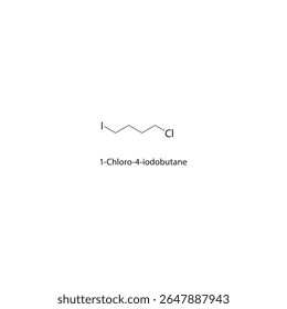 Estrutura esquelética de 1-cloro-4-iodobutano Ilustração esquemática do composto de alcano halogenado. Diagrama simples, fórmula química.