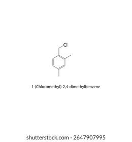 Estrutura esquelética de 1-(clorometil)-2,4-dimetilbenzeno Ilustração esquemática do composto haloalcano aromático. Diagrama simples, fórmula química.
