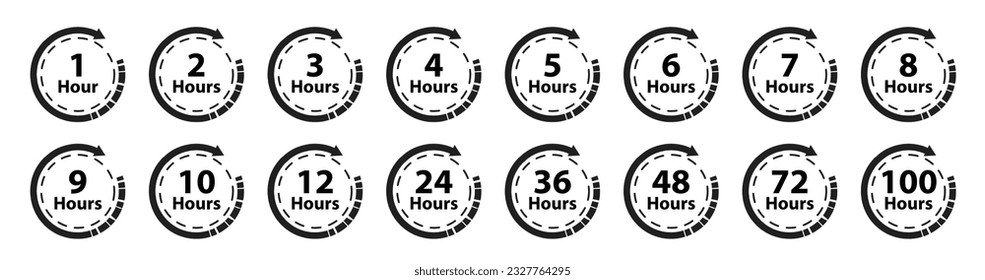 1hr to 10hrs and 12, 24, 36, 48, 72 and 100hrs icon set