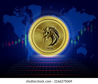1inch (1INCH) coin. 3D Vector illustration. Cryptocurrency blockchain (crypto currency) Future digital replacement technology. Silver golden virtual currency growth share chart is background. svg