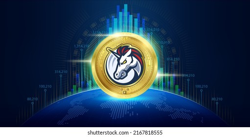 1inch coin cryptocurrency with growth chart. Token crypto currency digital in blockchain stock market. Financial investment crypto trend trading concept. Banner for news on world map. Vector. svg