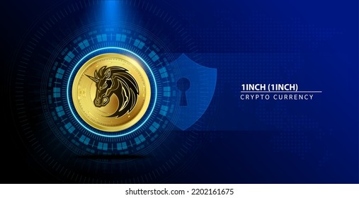1inch (1INCH) coin gold. Cryptocurrency blockchain. Future digital (crypto currency) currency replacement technology concept. On blue background. 3D Vector illustration. svg