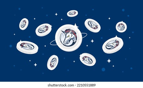 1INCH coins falling from the sky. 1INCH cryptocurrency concept banner background.