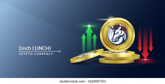 Banner de criptodivisa de 1 pulgada. Futura moneda en el mercado bursátil de blockchain con flechas rojas-verdes arriba y abajo. Monedas de oro cripto monedas. Cartel de noticias de fondo sólido. Vector 3D.