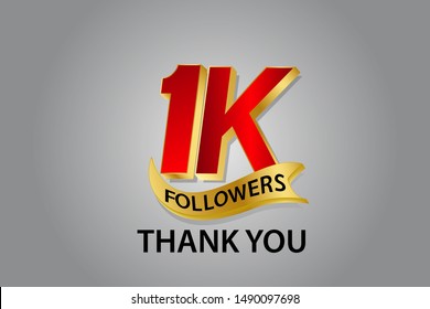 1K, 1000 Followers anniversary, minimalist logo years, jubilee, greeting card. invitation. Sign Ribbon Gold space Red and Gold number vector illustration on black background - Vector