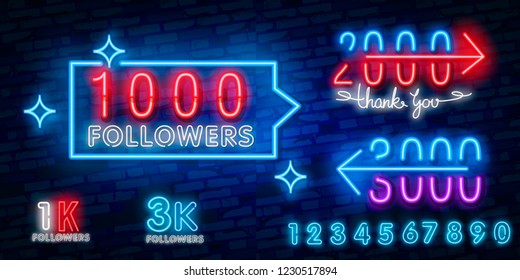 1k, 1000 followers neon sign on the wall. Realistic neon sign with number of followers on the ribbon with stars. Vector illustration for celebrating a large number of subscribers in social network