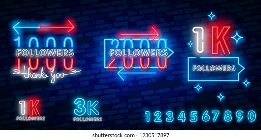 1k, 1000 followers neon sign on the wall. Realistic neon sign with number of followers on the ribbon with stars. Vector illustration for celebrating a large number of subscribers in social network