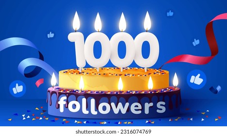 1.000 seguidores o 1.000 gracias. Amigos de redes sociales, seguidores, suscriptores y me gusta. Torta de cumpleaños con velas. Ilustración del vector