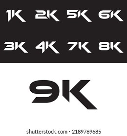 1k, 2k, 3k, 5k, 6k, 7k, 8k, 9k Letter Icon Logo Vector On Black White Background