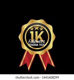 1K, Followers anniversary gold emblem.1 000 followers celebration label. golden color. followers emblem with stars. thank you for 1000 followers