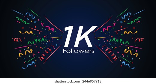 1k followers, one Thousand followers social media post background template. Creative celebration typography design with confetti ornament for online website banner, poster, card.