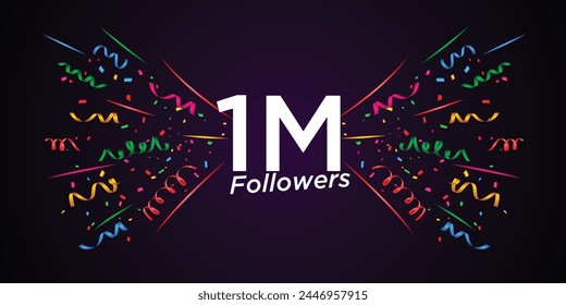 1k followers, one Thousand followers social media post background template. Creative celebration typography design with confetti ornament for online website banner, poster, card.
