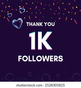 Plantilla de texto "1k followers" para dar las gracias después de lograr el hito en los sitios de redes sociales.
