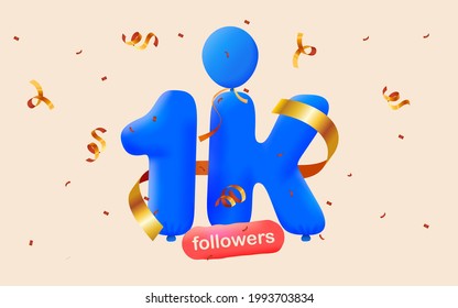 1.000 seguidores te agradecen los globos azules 3d y los confetti coloridos. Ilustración vectorial 3d números para medios sociales 1000 seguidores, Gracias seguidores, blogger celebra suscriptores, me gusta