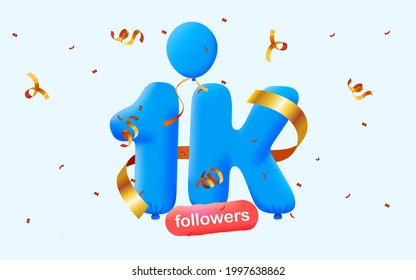 1.000 seguidores te agradecen los globos azules 3d y los confetti coloridos. Ilustración vectorial 3d números para medios sociales 1000 seguidores, Gracias seguidores, blogger celebra suscriptores, me gusta