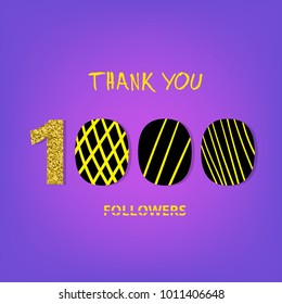 1K Followers thank you banner on ultraviolet background. Creative typography with doodle lines and gold glitter  pattern. Template for social media post. 1000 followers phrase. Vector illustration. 