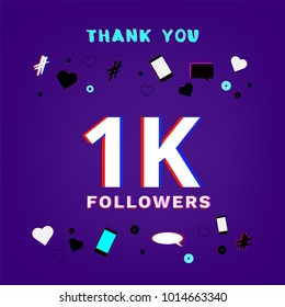 1K Followers thank you banner on blue background with random items. Chromatic aberration trendy effect. Template for social media post. Vector illustration.