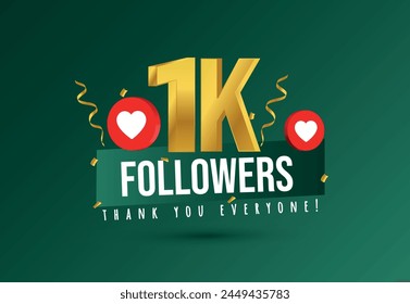 1k followers. Thank you for 1k followers on social media. 1000 followers thank you, celebration banner with heart icons, confetti on dark red background. svg