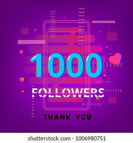 1K Followers thank you phrase on bright background with random items.Template for social media post. Glitch chromatic aberration trendy style. 1000 subscribers banner for blog. Vector illustration.