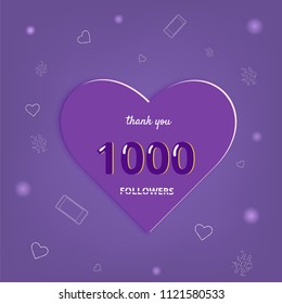 1K followers thank you post with heart shape and decoration. 1000 subscribers celebration banner. Greeting card for social networks. Vector illustration.