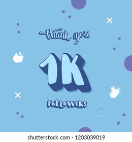 1k followers thank you social media template. Banner for internet networks.  1000 subscribers congratulation post with creative handwritten lettering. Vector illustration. 