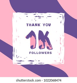 1K Followers thank you square banner with frame and wavy background. Template for social media post. Handwritten letters. 1000 subscribers. Vector illustration.