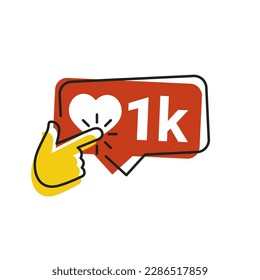 1k icon likes. 1k counter notification icon. Follower. Button, ui, web. 1000 social media likes. Hand click finger icon vector
