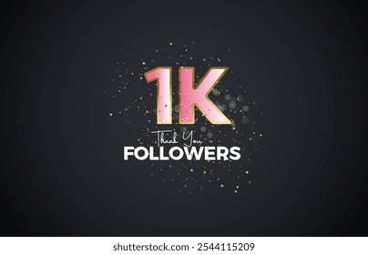 1K isolated on Dark background with sparkling confetti, Thank you followers peoples, golden, Pink number 1K online social group, 2k