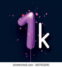 1k sign violet balloons with threads on black background with lights confetti. Vector festive illustration.