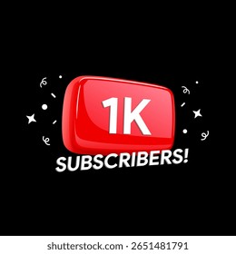 Banner para Assinantes do 1K. Mil seguidores. Realização de 1000 usuários no blog de mídias sociais. Marco do vídeo vlog. Crachá de status do criador de conteúdo. Design de ilustração vetorial.