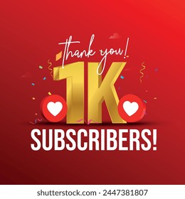 1k subscribers, followers. Thank you for 1k subscribers, followers on social media. 1000 subscribers thank you, celebration banner with heart icons, confetti on dark red background.  svg