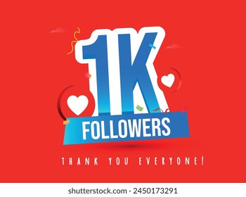 1k subscribers, followers. Thank you for 1k subscribers, followers on social media. 1000 subscribers thank you, celebration banner with heart icons, confetti on dark red background Vector svg