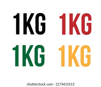 1kg text. Vector with value in kilograms black, red, green and orange on white background.