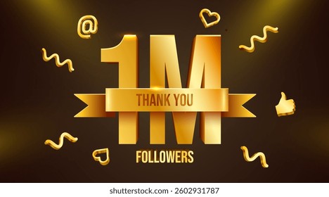 1m or 1000000 followers thank you. One million. Golden numbers with ribbon. Social Network friends, followers, Web users. Subscribers, followers or likes celebration. Vector illustration