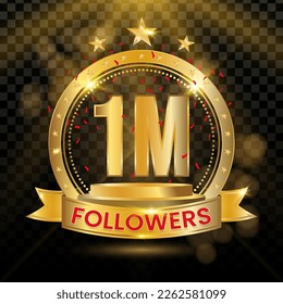 1M Followers Logotype with Gold and red Confetti Isolated on Black Background (PNG), Vector Design for Greeting Card and Social Media.