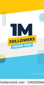 1M followers story post background template design. flyer banner for celebrating many followers in online social media platform. Minimal modern abstract vector style.