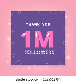 1M Followers thank you banner with frame and hearts. Template for social media post. Element for graphic design - poster, flyer, brochure, card. 1 million subscribers. Vector illustration.