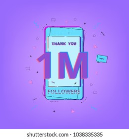 1M followers Thank you message with phone. Template for Social Network. One million subscribers banner. Vector illustration.