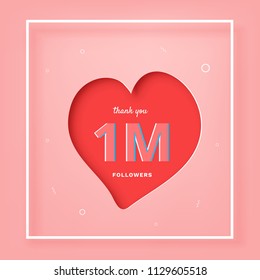 1M followers thank you post with heart shape and decoration. 1 billion subscribers celebration banner. Greeting card for social networks. Vector illustration.